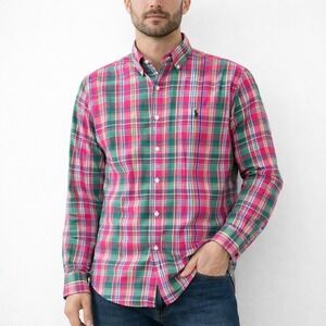Ralph Lauren Custom Fit Plaid Button Down Shirt Men's Large Pink Green Cotton